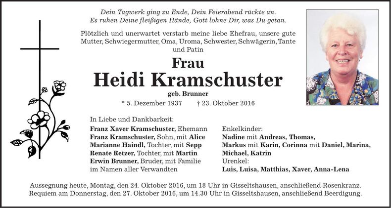 Traueranzeige Heidi Kramschuster