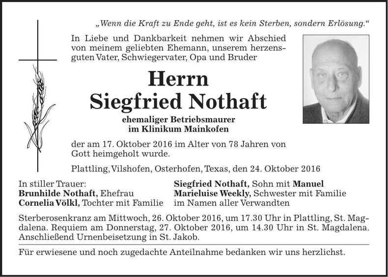 Traueranzeige Siegfried Nothaft