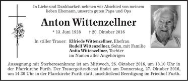 Traueranzeige Anton Wittenzellner