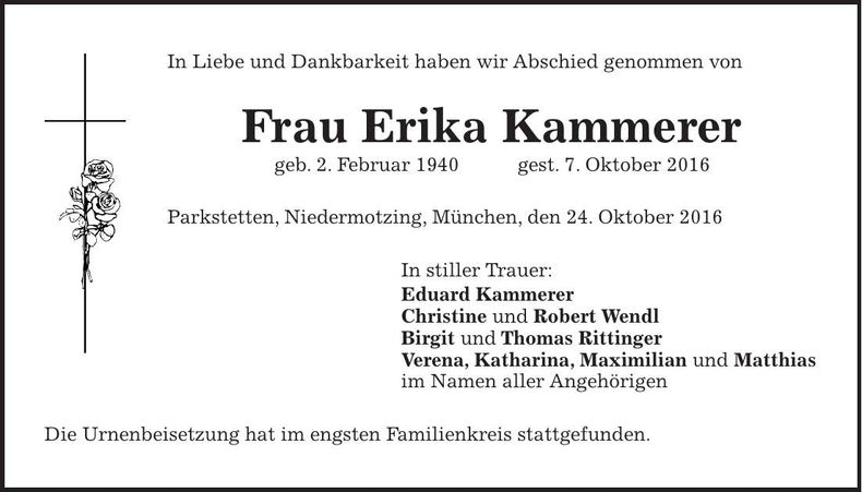 Traueranzeige Erika Kammerer