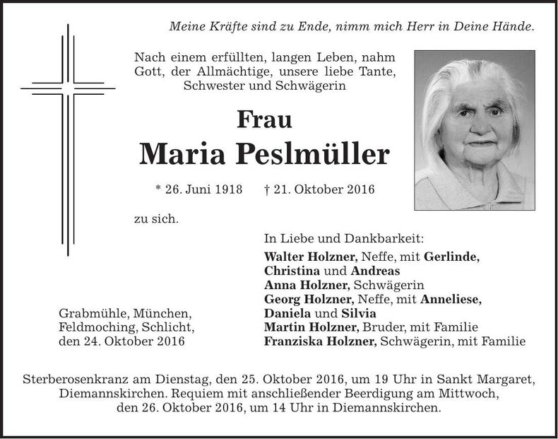Traueranzeige Maria Peslmüller