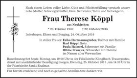 Traueranzeige Therese Köppl