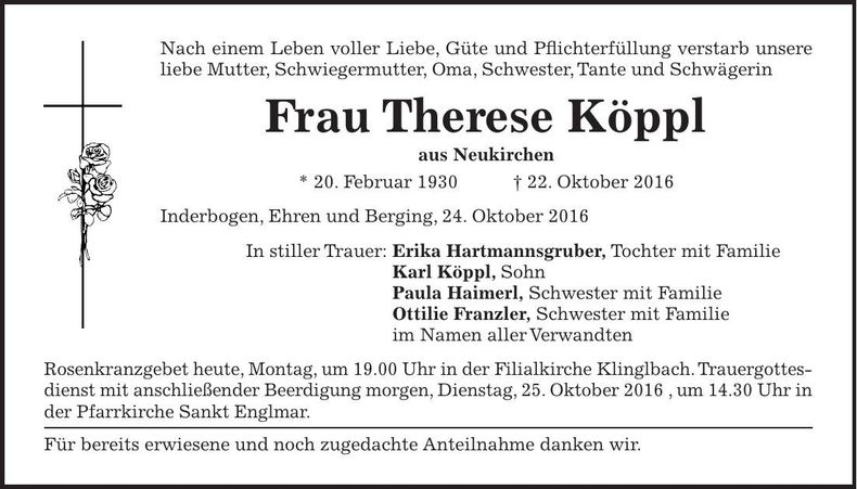 Traueranzeige Therese Köppl