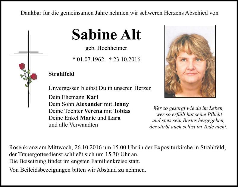 Traueranzeige Sabine Alt
