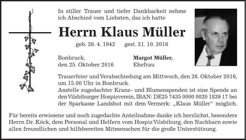 Traueranzeige Klaus Müller