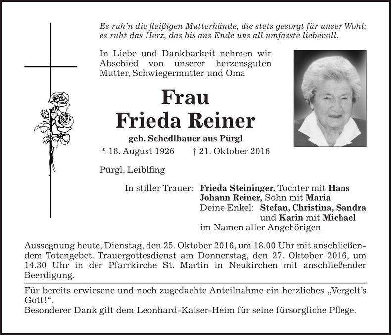 Traueranzeige Frieda Reiner