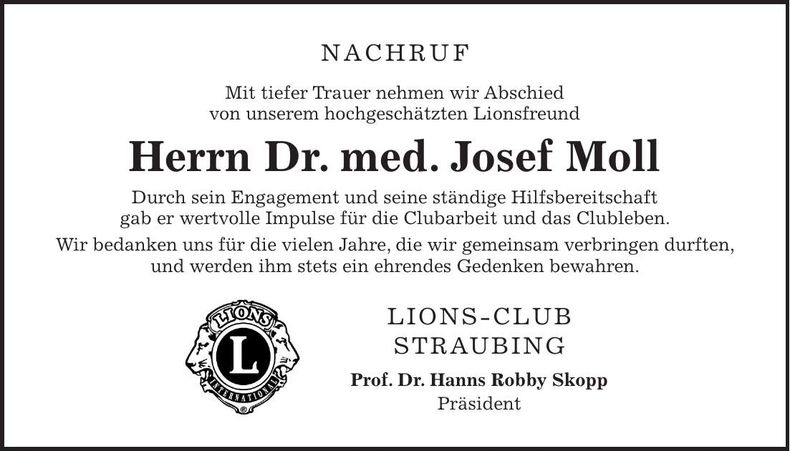 Traueranzeige Dr. med. Josef Moll