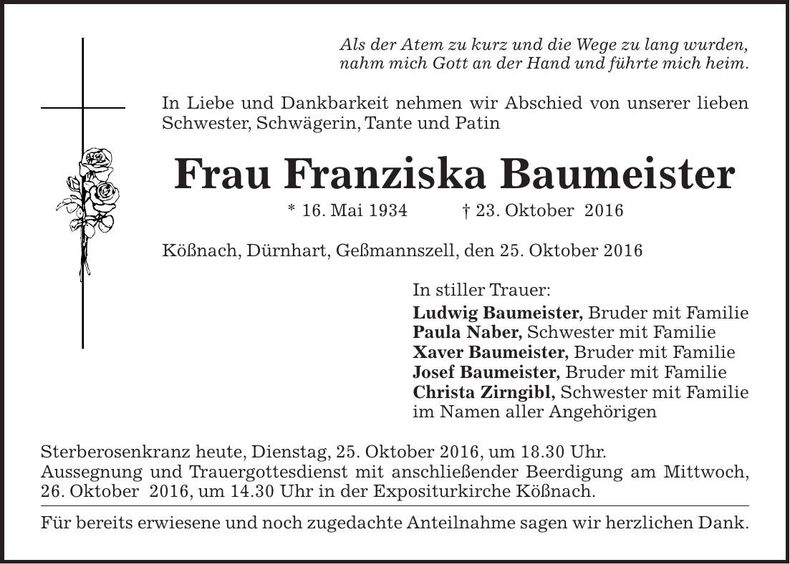 Traueranzeige Franziska Baumeister