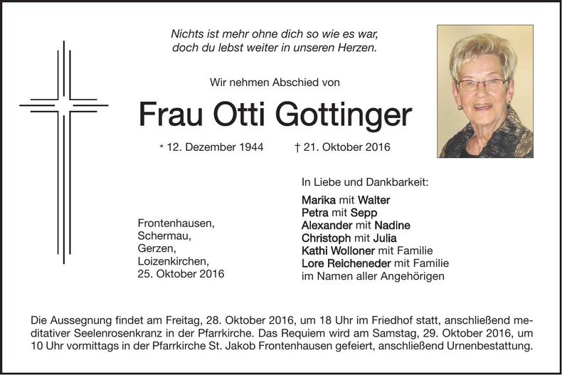 Traueranzeige Otti Gottinger