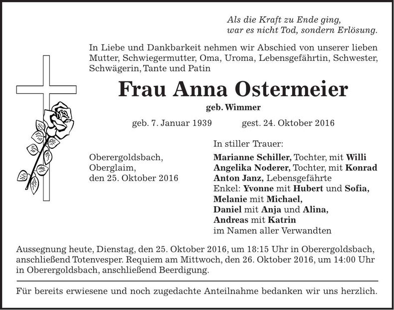 Traueranzeige Anna Ostermeier