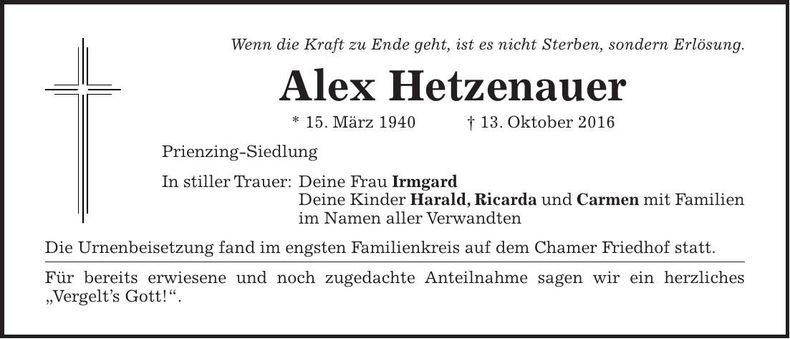 Traueranzeige Alex Hetzenauer