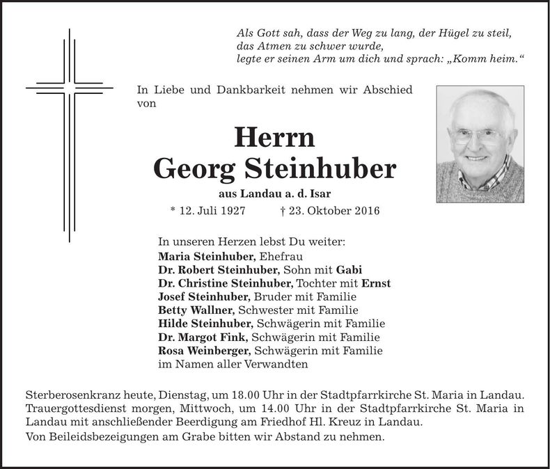 Traueranzeige Georg Steinhuber