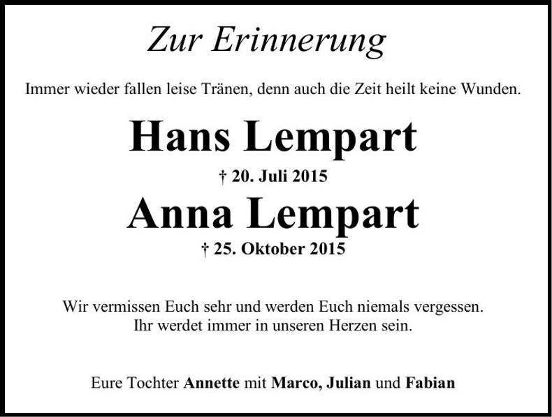 Traueranzeige Anna und Hans Lempart