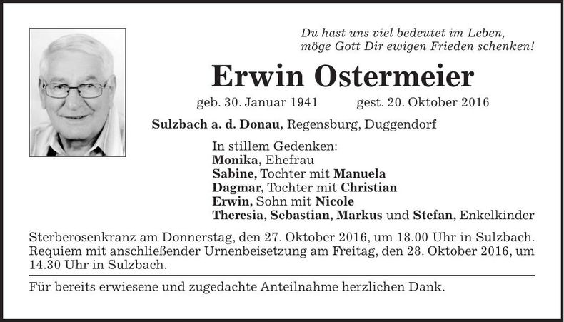 Traueranzeige Erwin Ostermeier