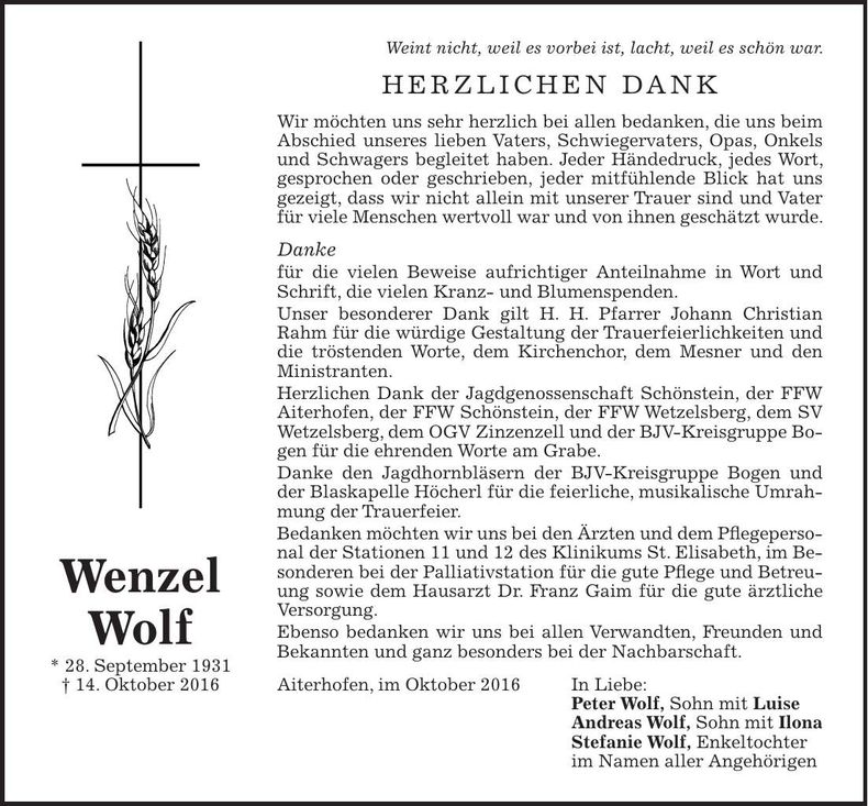 Traueranzeige Wolf Wenzel
