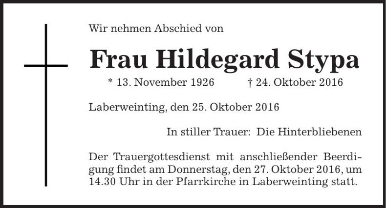 Traueranzeige Hildegard Stypa