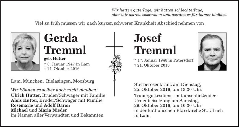 Traueranzeige Gerda und Josef Tremml