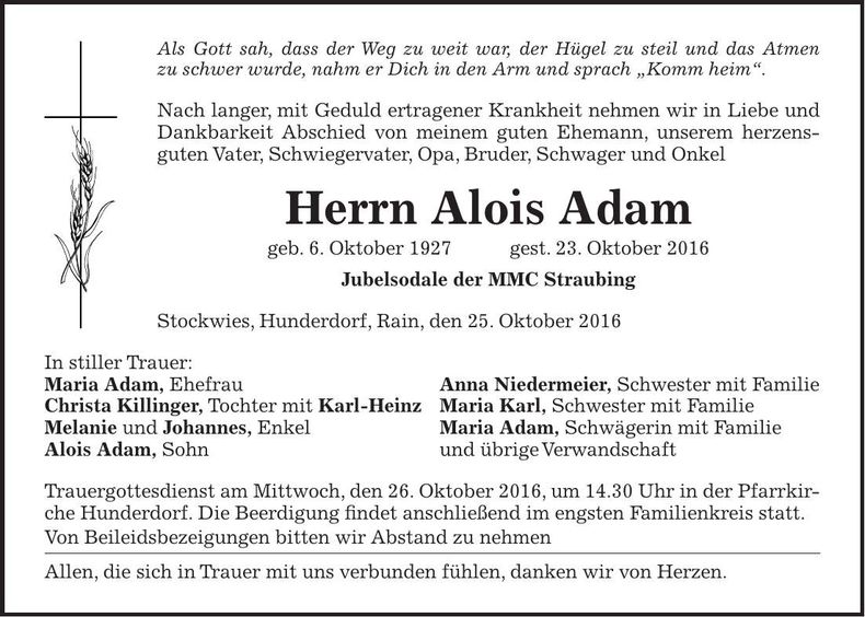 Traueranzeige Alois Adam