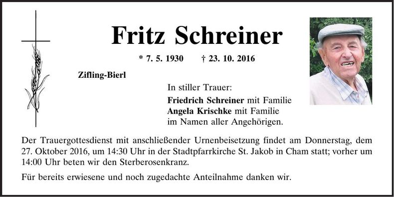 Traueranzeige Fritz Schreiner
