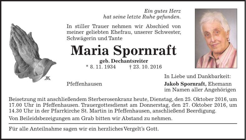 Traueranzeige Maria Spornraft
