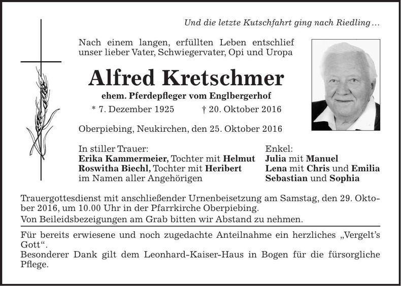 Traueranzeige Alfred Kretschmer