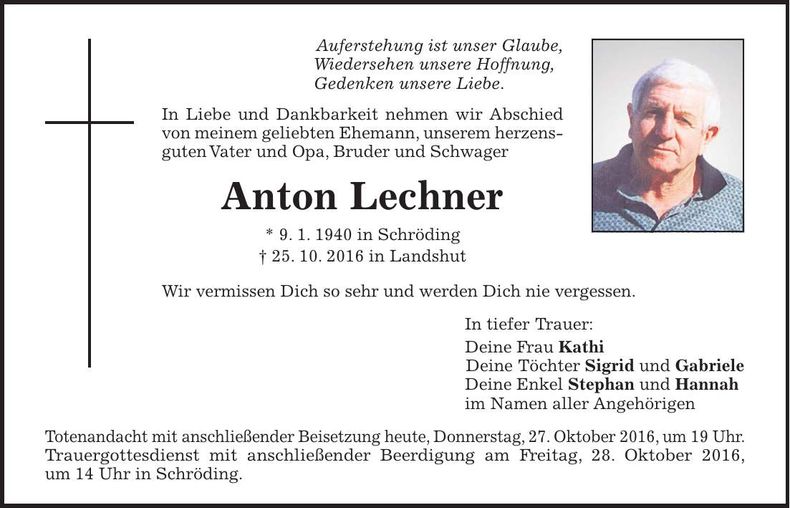 Traueranzeige Anton Lechner