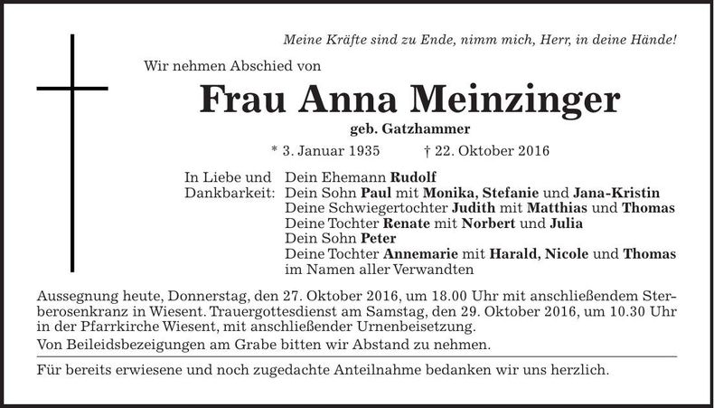 Traueranzeige Anna Meinzinger