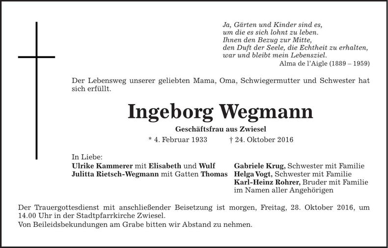 Traueranzeige Ingeborg Wegmann