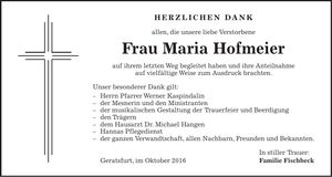Traueranzeige Maria Hofmeier