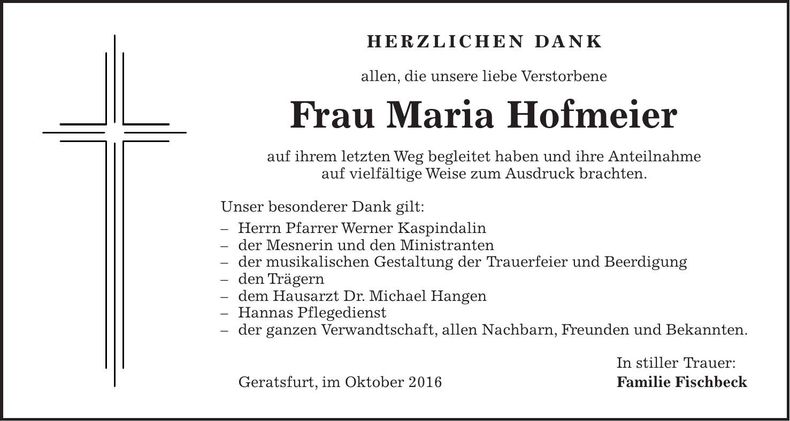 Traueranzeige Maria Hofmeier