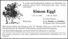Traueranzeige Simon Eggl