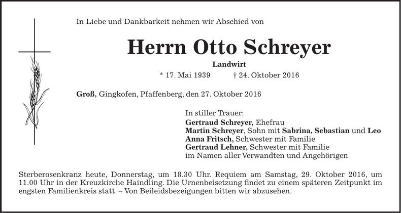 Traueranzeige Otto Schreyer