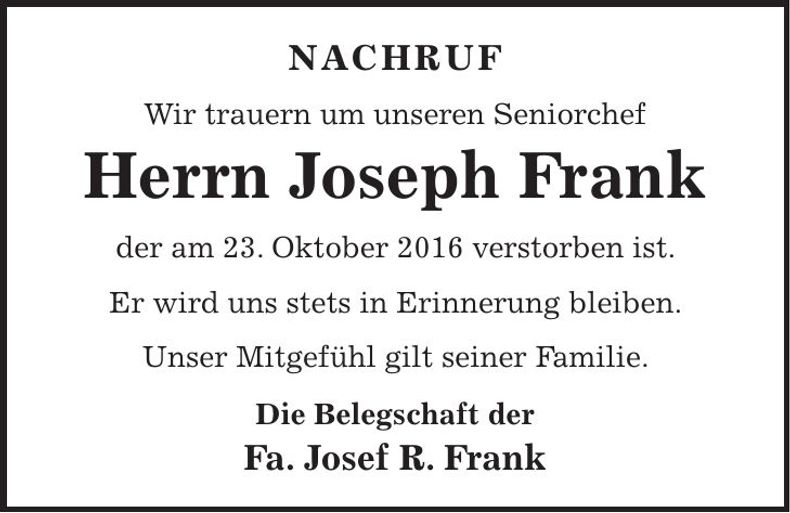 Traueranzeige Joseph Frank