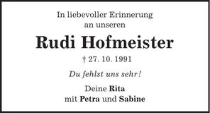 Traueranzeige Rudi Hofmeister