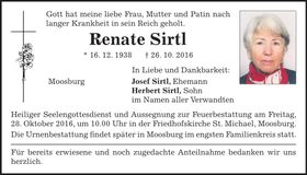 Traueranzeige Renate Sirtl