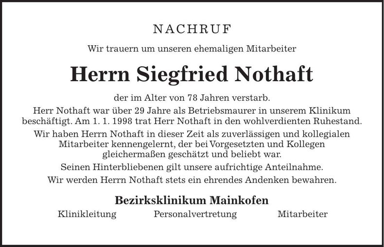 Traueranzeige Siegfried Nothaft