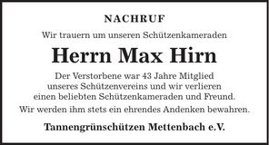 Traueranzeige Max Hirn