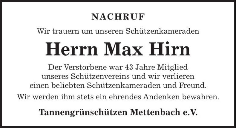 Traueranzeige Max Hirn