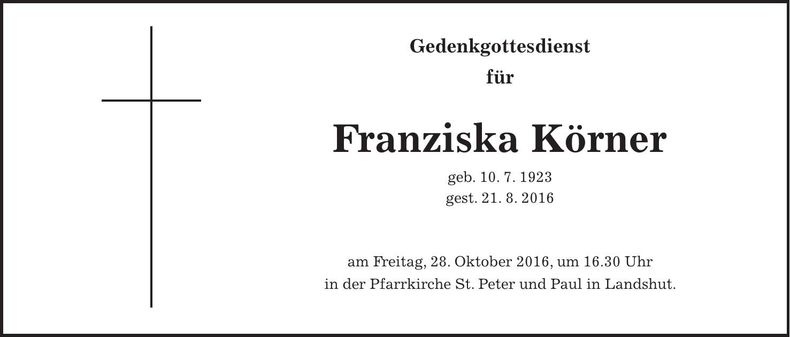 Traueranzeige Franziska Körner
