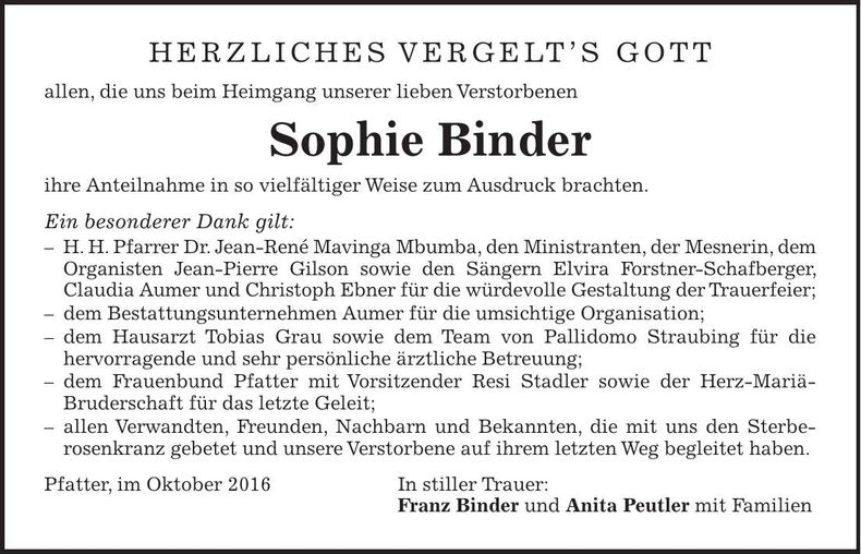 Traueranzeige Sophie Binder