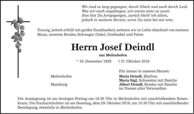Traueranzeige Josef Deindl