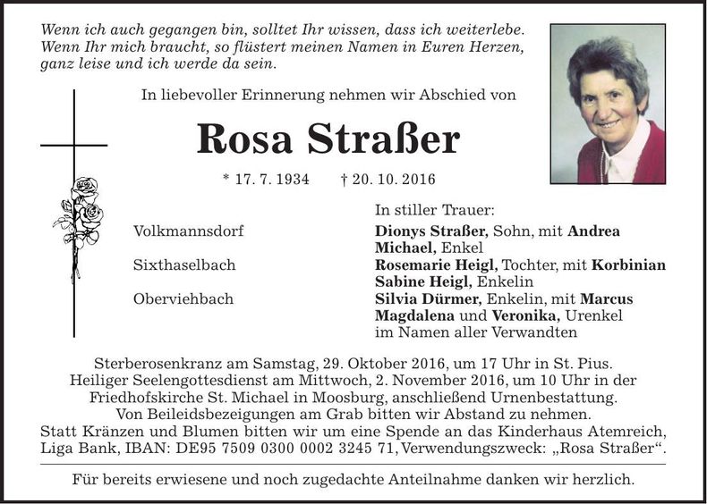 Traueranzeige Rosa Straßer