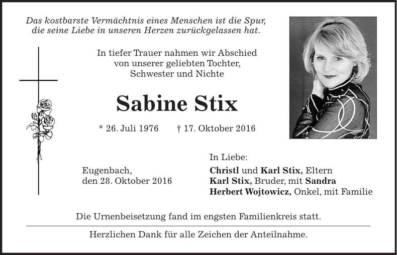 Traueranzeige Sabine Stix