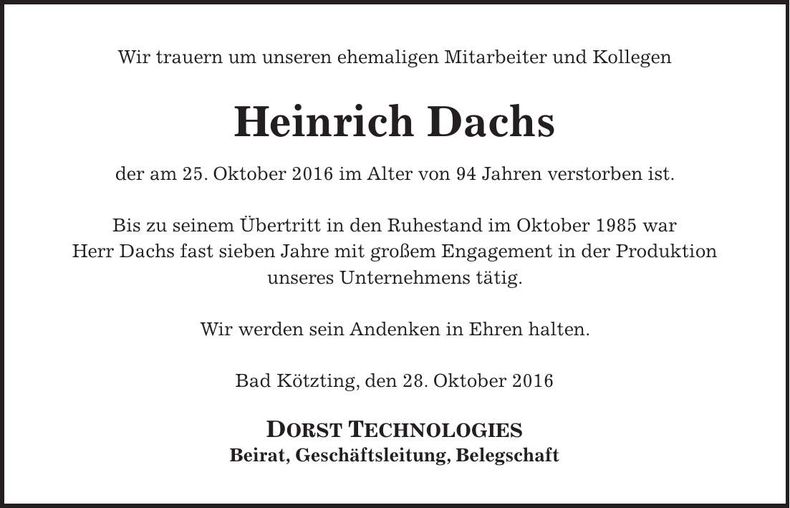 Traueranzeige Heinrich Dachs