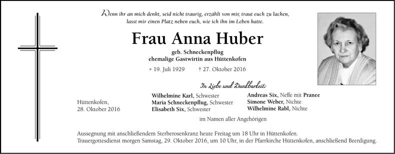 Traueranzeige Anna Huber