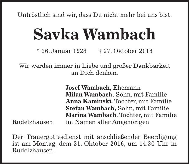 Traueranzeige Savka Wambach