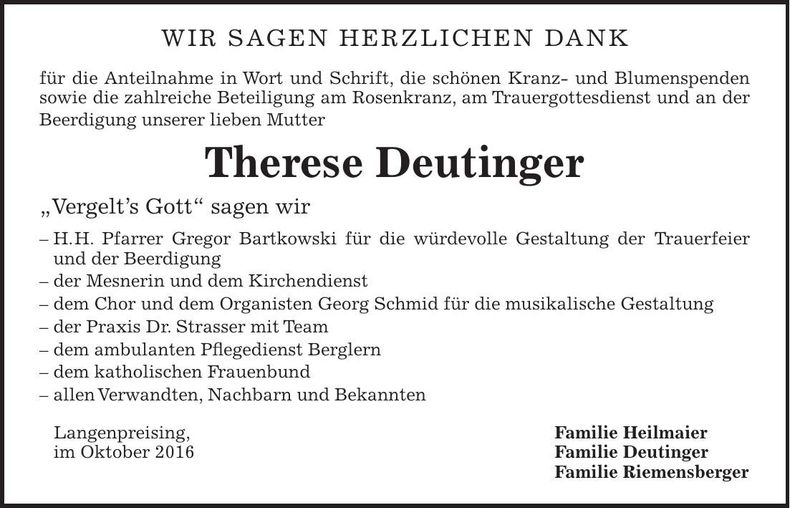 Traueranzeige Therese Deutinger