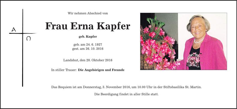 Traueranzeige Erna Kapfer