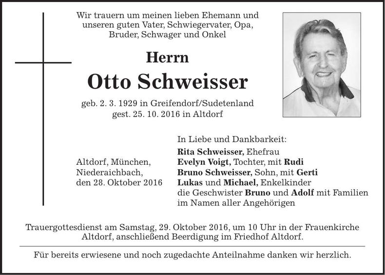 Traueranzeige Otto Schweisser