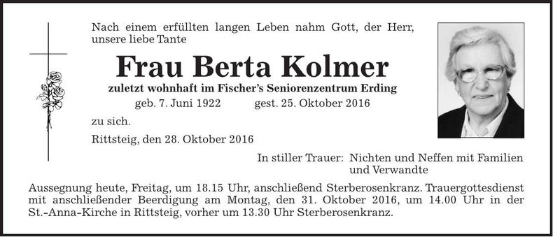 Traueranzeige Berta Kolmer